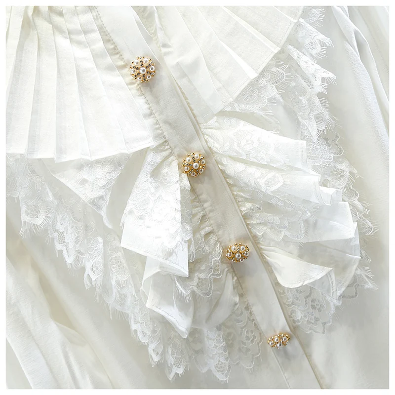 Fashion Folds Flare Sleeve Sweet Lace Patchwork Ruffles White Shirt Women Cotton Stand Collar Elegant Blouse Black Tops
Fashion Folds Flare Sleeve Sweet Lace Patchwork Ruffles White Shirt Women Cotton Stand Collar Elegant Blouse Black Tops