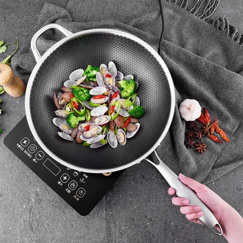 304 нержавеющая сталь Wok непокрытая двухсторонняя пятислойная стальная сковорода