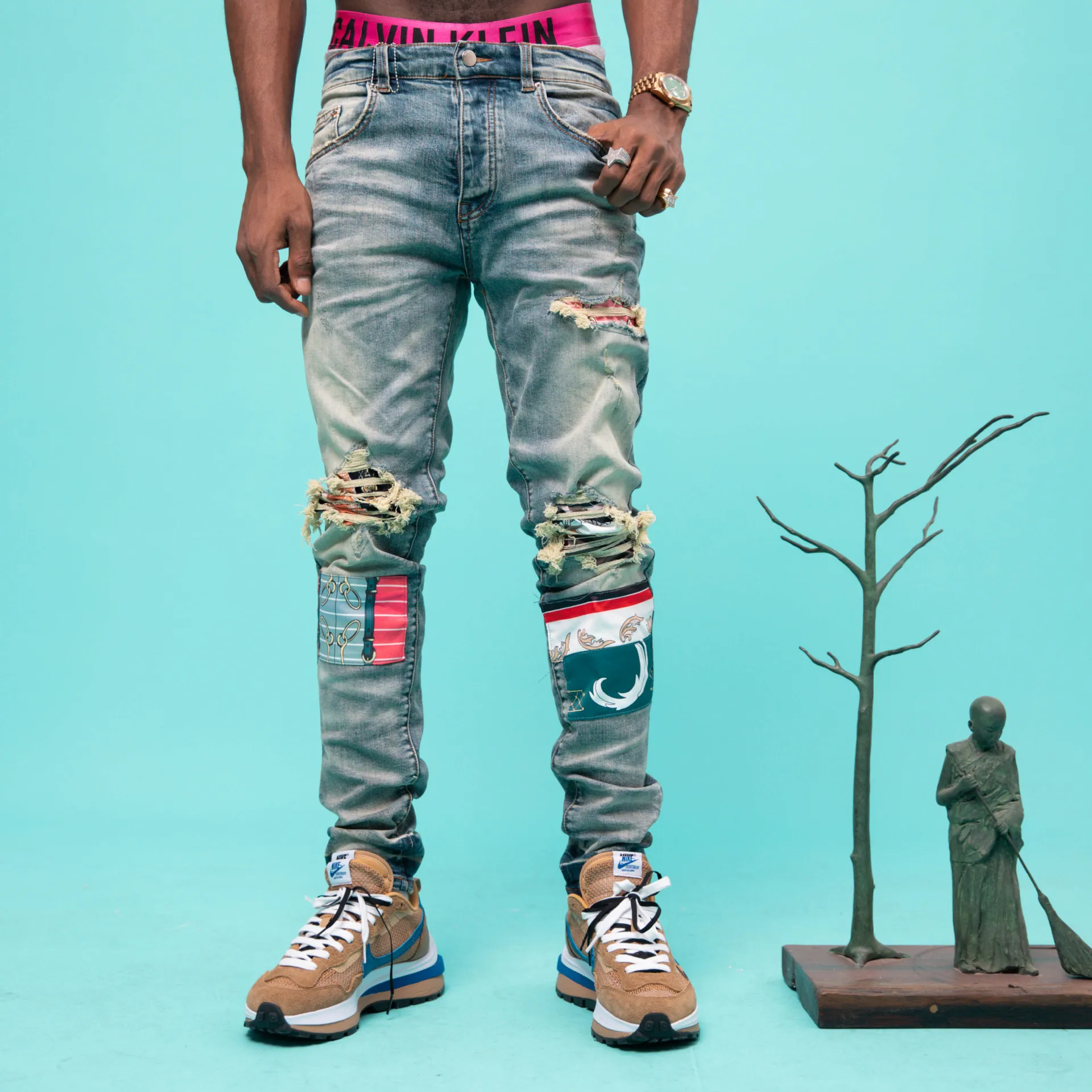 

Джинсы мужские рваные в стиле пэчворк, брендовые зауженные брюки с потертостями, уличная одежда в американском стиле