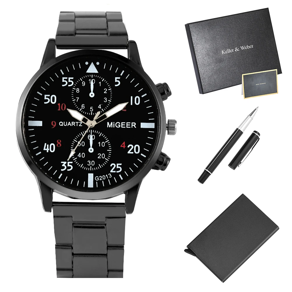 Мужские часы подарочный набор черные роскошные кварцевые Практичная ручка для