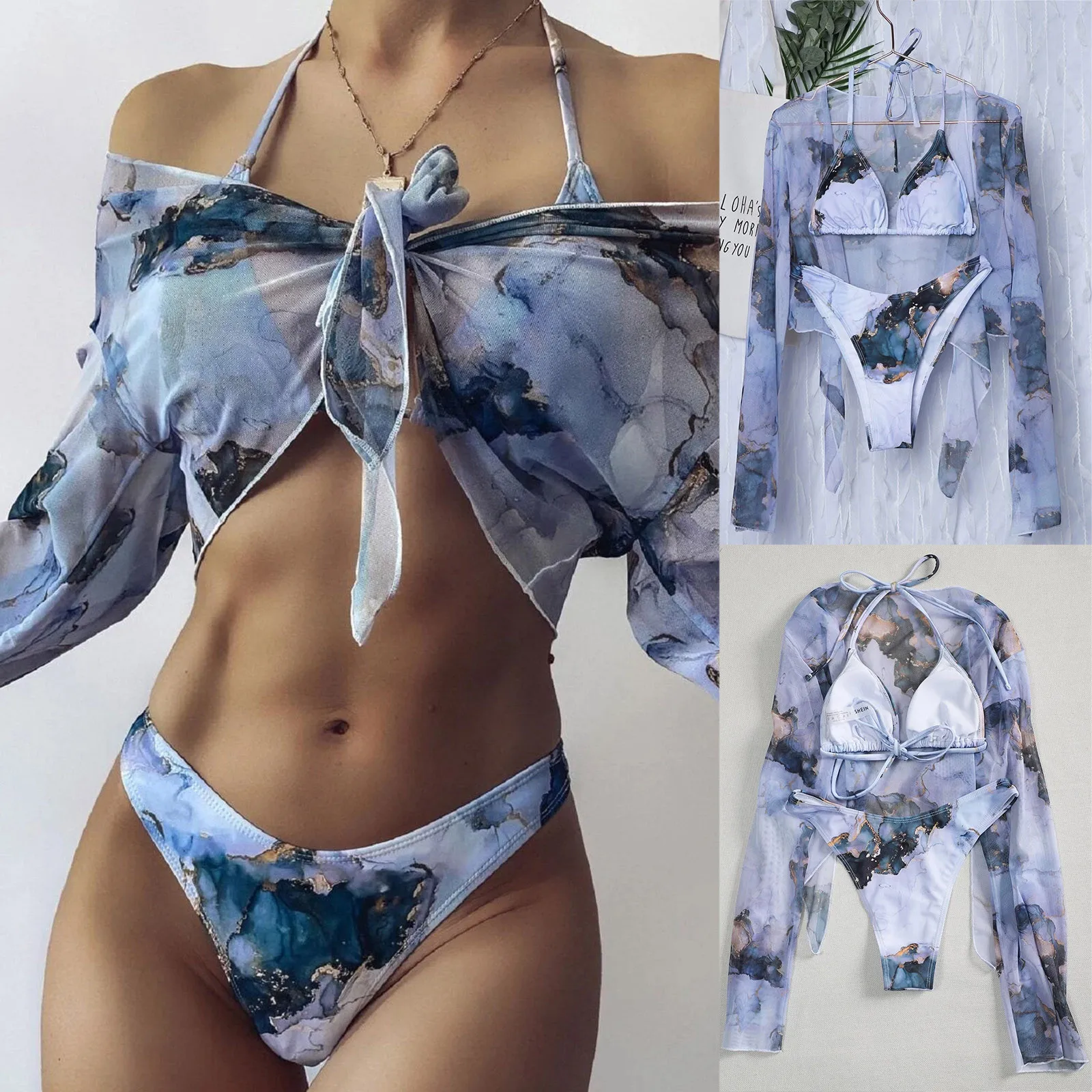 Sexy Split Swimwear Ladies Tie-dye Printed Chiffon Three-piece Swimsuit Neck Lace-up High Waist Bikini Set vestido de bao A20
Sexy Split Swimwear Ladies Tie-dye Printed Chiffon Three-piece Swimsuit Neck Lace-up High Waist Bikini Set vestido de bao A20