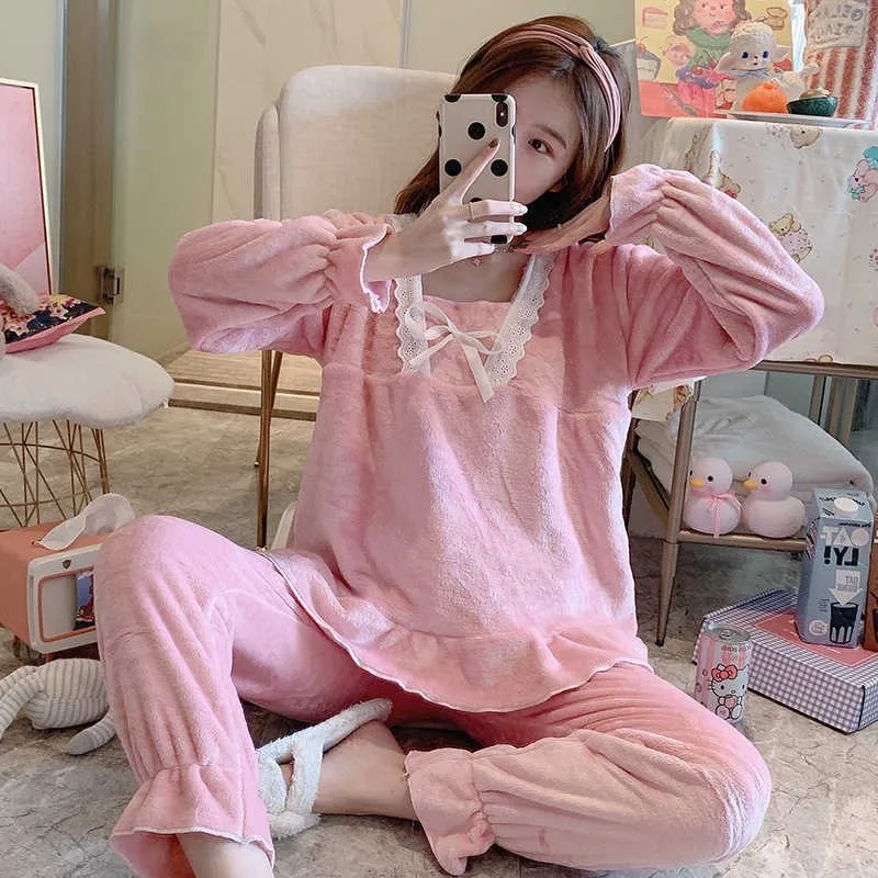 Lace Women Pajamas Suit Nightgown Coral Fleece Sleep Set Nightwear Pyjamas Winter Sleepwear Home Wear 2PCS Top&Pants Lingerie
Lace Women Pajamas Suit Nightgown Coral Fleece Sleep Set Nightwear Pyjamas Winter Sleepwear Home Wear 2PCS Top&Pants Lingerie