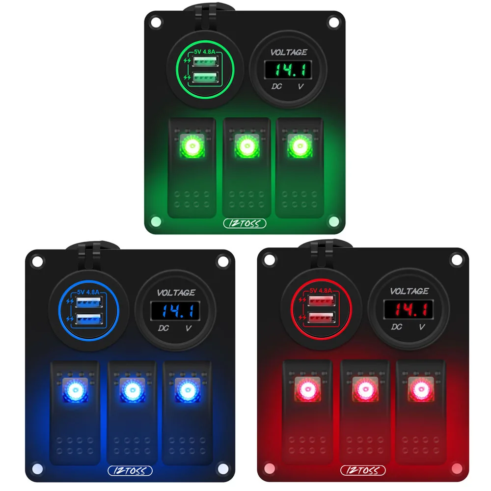 3 gang Rocker Switch Panel 12V/24V with 4.8A Dual USB Charger and LED Digital Voltmeter for Marine Boat Car Rv 
3 gang Rocker Switch Panel 12V/24V with 4.8A Dual USB Charger and LED Digital Voltmeter for Marine Boat Car Rv