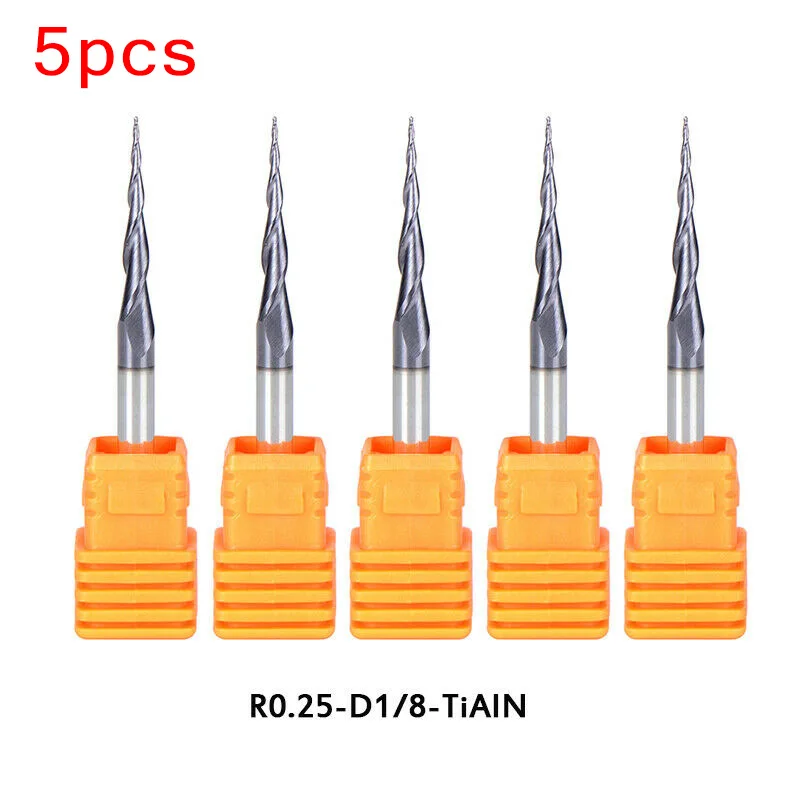 5pcs Radius 0.25mm 1/8 Shank Tapered End Mill CNC Carbide Ball Nose Milling Bit Flutes Spiral End Mills Drill Bit 5 Pcs
5pcs Radius 0.25mm 1/8 Shank Tapered End Mill CNC Carbide Ball Nose Milling Bit Flutes Spiral End Mills Drill Bit 5 Pcs