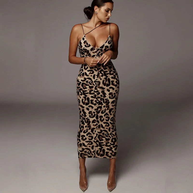 

2021 leopard sleeveless print with cleavage in v sexy midi dress spring fashion feminine streetwear Christmas party clothes