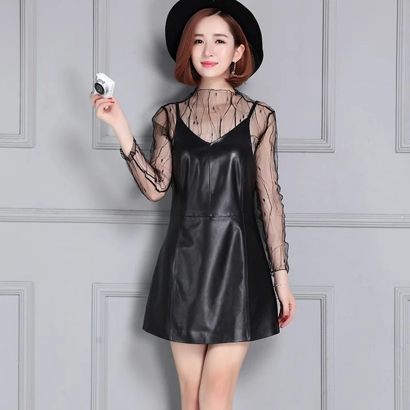 Leather Genuine Camisole Dress New Sheepskin Spliced Korean Style High Quality Above Knee A-Line Fashion Elegant Womens Dress
Leather Genuine Camisole Dress New Sheepskin Spliced Korean Style High Quality Above Knee A-Line Fashion Elegant Womens Dress
