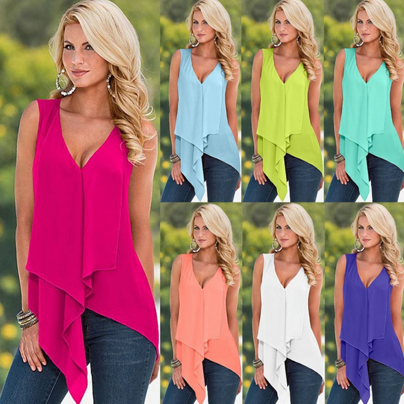 Candy Colors Women's Blouse Ladies Tops Summer Sexy V Neck Sleeveless Chiffon Shirt Casual Beach Ruffles Irregula Blouses Shirts
Candy Colors Women's Blouse Ladies Tops Summer Sexy V Neck Sleeveless Chiffon Shirt Casual Beach Ruffles Irregula Blouses Shirts