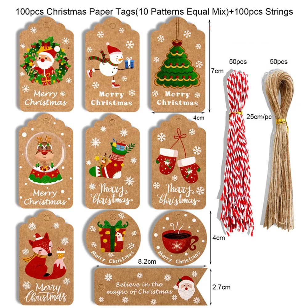 

100Sets Christmas Kraft Paper Tags Merry Christmas Snowman Deer Gift Packaging Bag Label Card Xmas Party Decorations Hang Tags