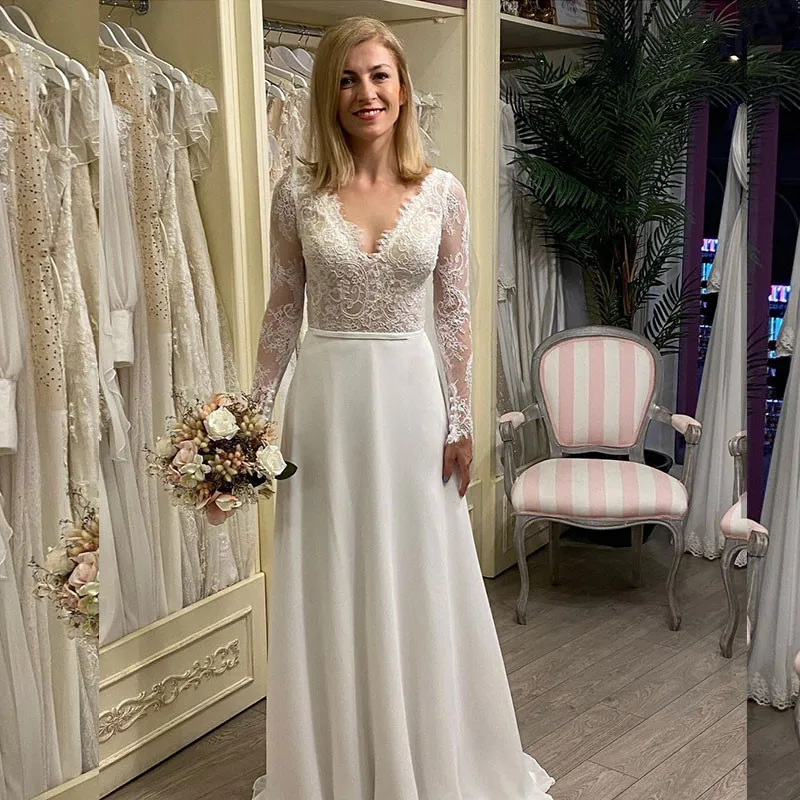 Sexy V-Neck Lace Wedding Dresses 2021 White Court Train Full Sleeve A-Line Backless Bride Robe De Mariée Custom Made For Female
Sexy V-Neck Lace Wedding Dresses 2021 White Court Train Full Sleeve A-Line Backless Bride Robe De Mariée Custom Made For Female