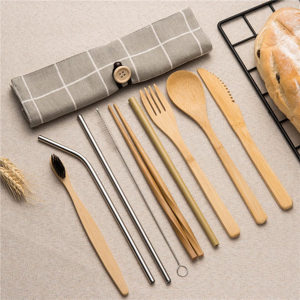 Tableware Set Bamboo Cutlery Set Wood Straw with Travel Cloth Bag Wooden Spoon Fork Knife Dinnerware Set Wholesale
Tableware Set Bamboo Cutlery Set Wood Straw with Travel Cloth Bag Wooden Spoon Fork Knife Dinnerware Set Wholesale