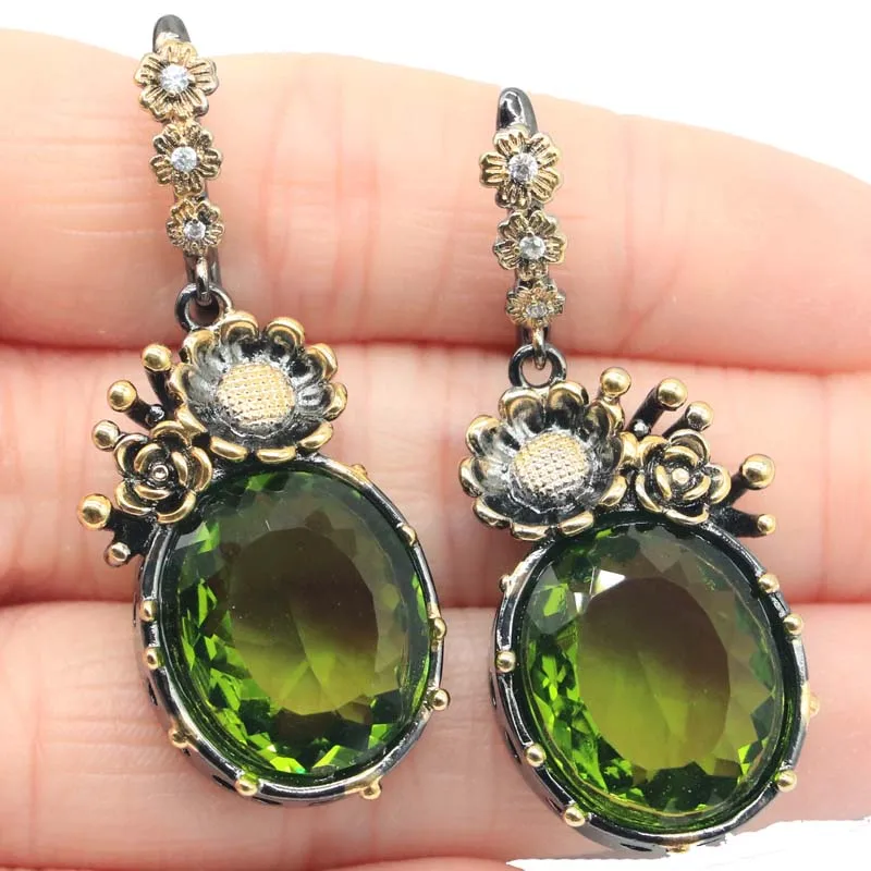 

42x18mm Neo-Gothic Vintage 18x15mm Jewelry Set Earrings Pendant Created Green Peridot Flower Women Black Gold Daily Wear