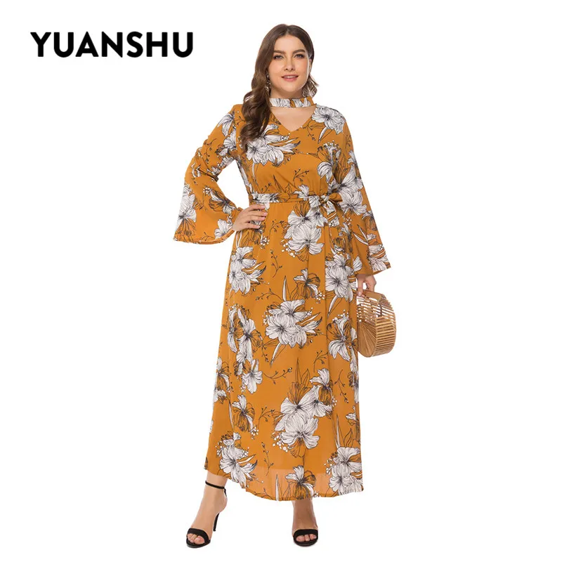 YUANSHU Весна Цветочный принт размера плюс длинное платье обувь для женщин