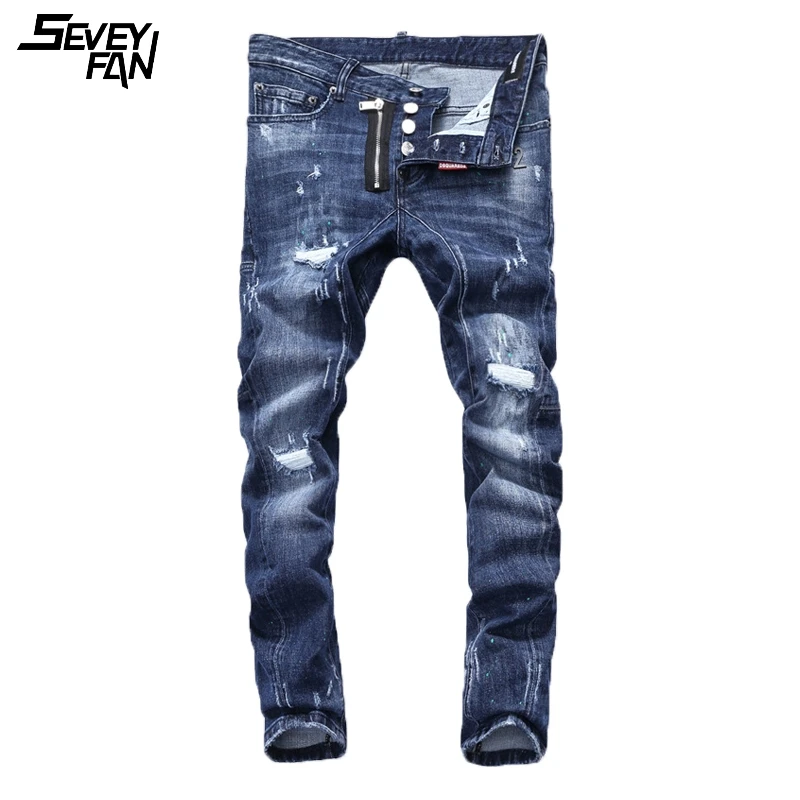 

Brand Skinny Blue Jeans Hip Hop Ripped Denim Pants Men Fashion Scratch Hole Jean Trousers Slim fit Zipper Patchwork Button Fly
