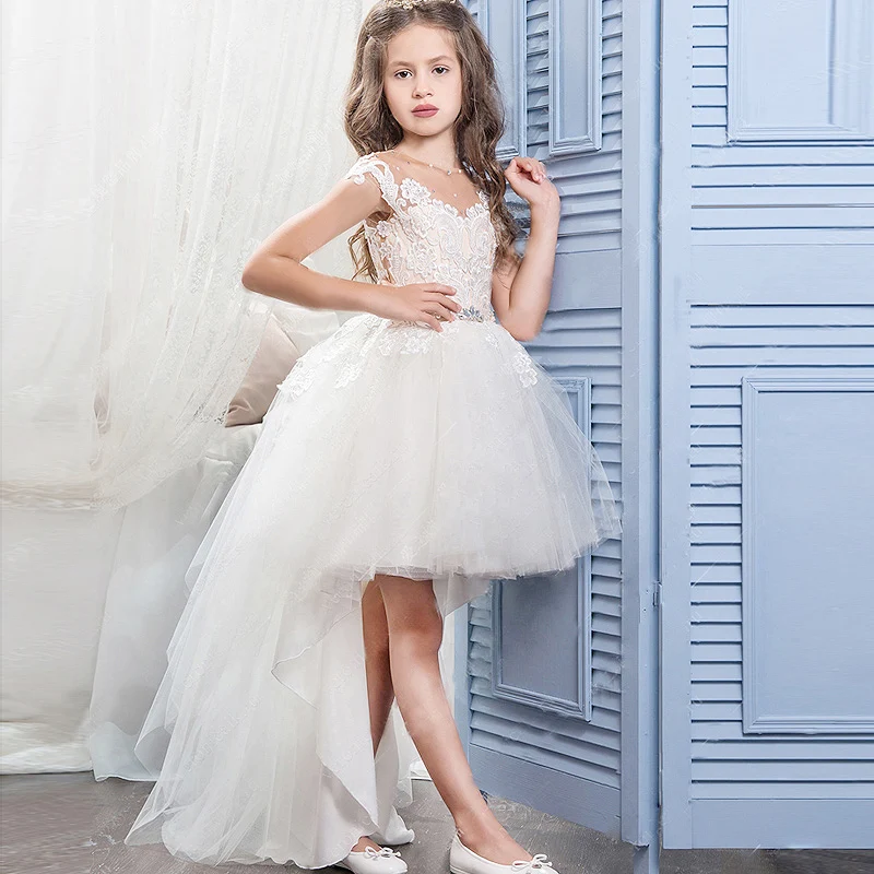 

Angle Pearls Hi-Lo Flower Girl Dresses Lace Appliqued Girls Pageant Gowns Custom Made Kids Birthday Party Dress