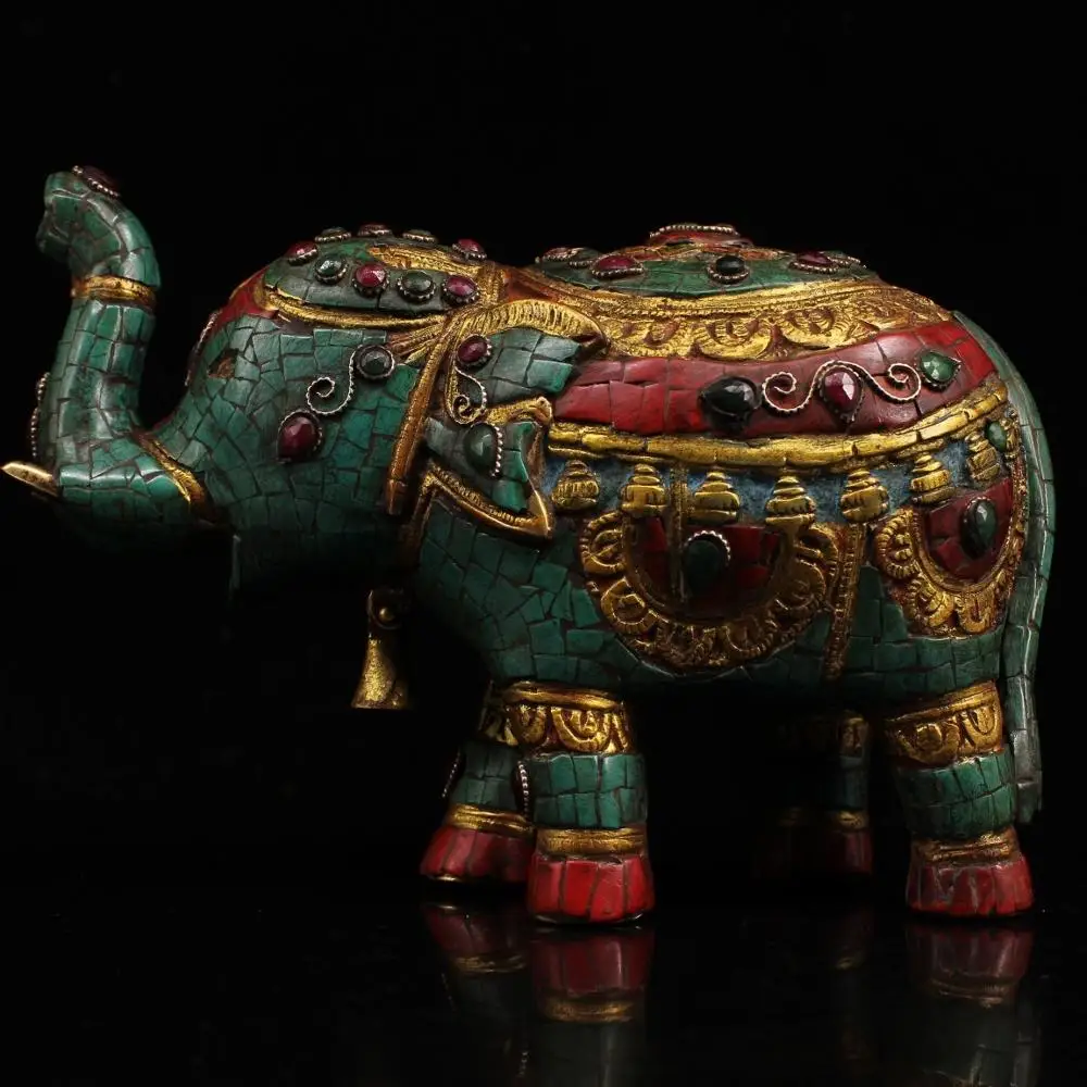 

10"Tibetan Temple Collection Old Bronze gem Painted outline in gold Elephant statue African elephant statue All wishes come true