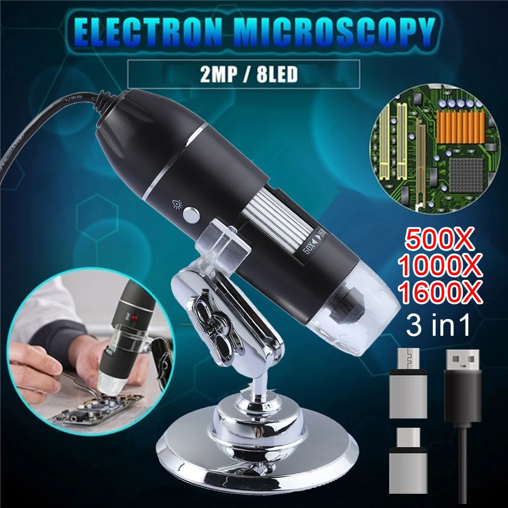 

1600X 1000X 500X USB Microscope Handheld Digital Microscope 3 in 1 USB Type-c Micro Electronic 8 LEDs Microscopes with Bracket