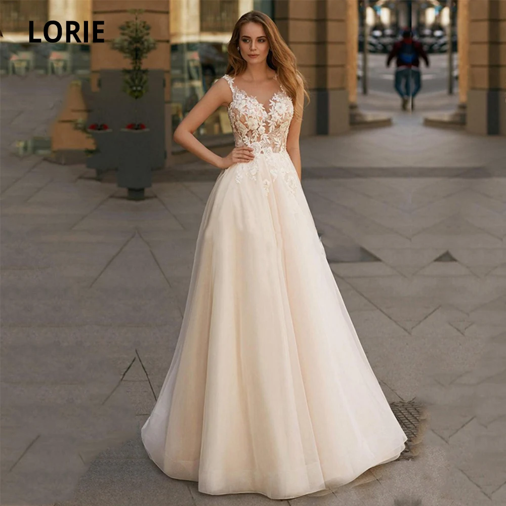 LORIE Champagne Wedding Dresses Lace 2020 Appliques Lace A-Line Tulle Custom Made Wedding Gowns Sleeveless Bridal Dress plus Siz
LORIE Champagne Wedding Dresses Lace 2020 Appliques Lace A-Line Tulle Custom Made Wedding Gowns Sleeveless Bridal Dress plus Siz