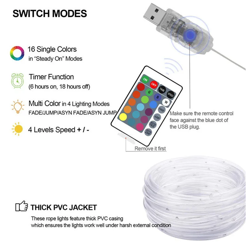 Rope lamp outdoor light string USB 16 color LED waterproof fairy lights with remote control for garden party wedding Christmas
Rope lamp outdoor light string USB 16 color LED waterproof fairy lights with remote control for garden party wedding Christmas
