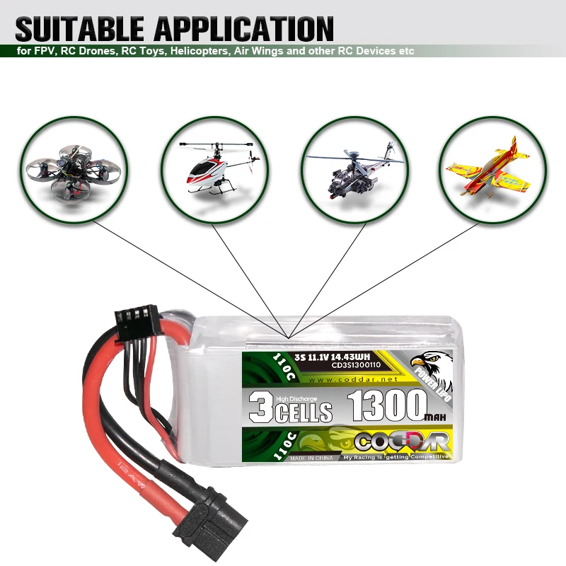 CODDAR 1300MAH 11.1V 110C 3S LiPo Battery With XT60 Plug For FPV Drone Helicopter RC Racing Parts
CODDAR 1300MAH 11.1V 110C 3S LiPo Battery With XT60 Plug For FPV Drone Helicopter RC Racing Parts