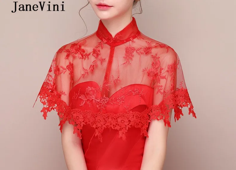 JaneVini 2019 кружевное красное свадебное платье накидка на плечо с высоким воротом