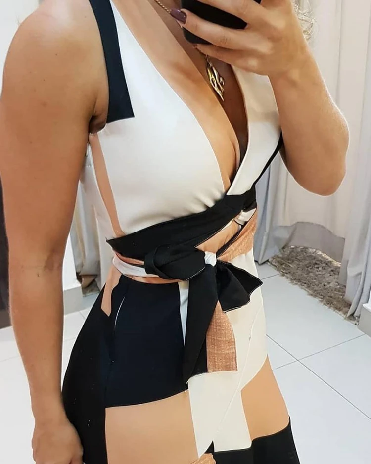 2020 Summer Women Fashion V-neck Colorblock Print Knotted Irregular Dress Women Sleeveless Chic Elegant OL Midi Dresses
2020 Summer Women Fashion V-neck Colorblock Print Knotted Irregular Dress Women Sleeveless Chic Elegant OL Midi Dresses