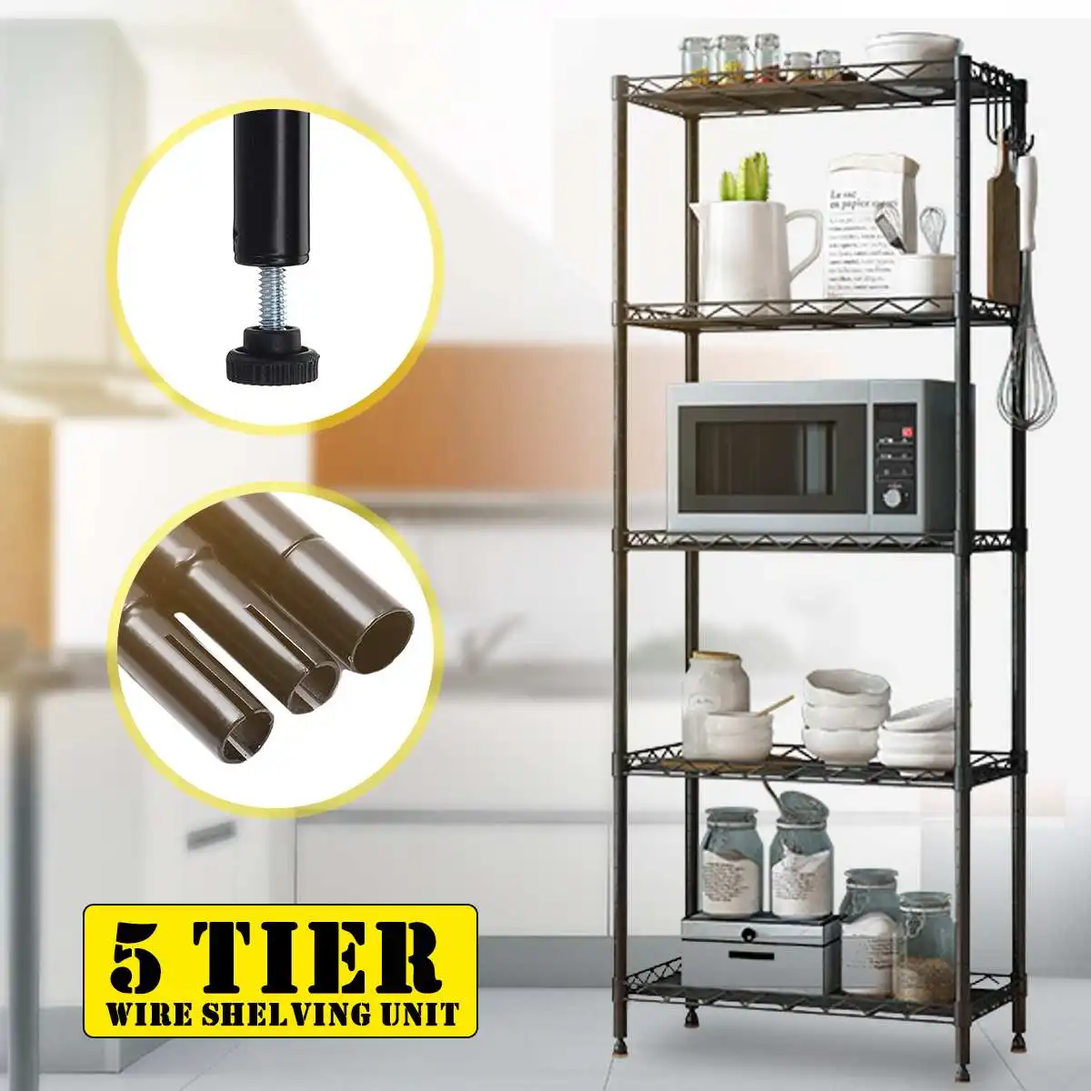 5 Tiers Wire Shelves Heavy Duty Adjustable Kitchen Storage Shelf Carbon Steel Rack Microwave Stand with 4 Hooks Leveling Feet
5 Tiers Wire Shelves Heavy Duty Adjustable Kitchen Storage Shelf Carbon Steel Rack Microwave Stand with 4 Hooks Leveling Feet