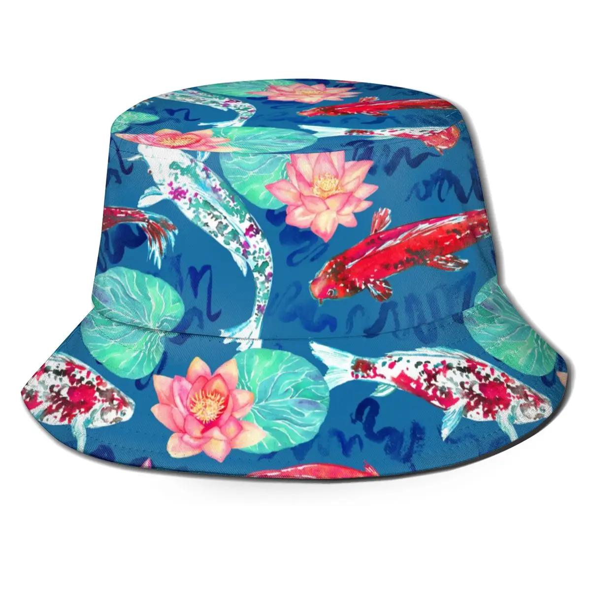 

Women Summer Koi Carp Swimming In Pond Waves Lotus Flowers Bucket Hat Bob Fisherman hat Outdoor Travel Sun Visor Fashion Panama