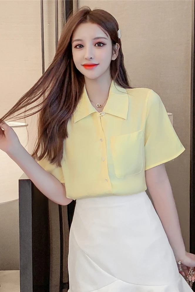 Houthion Chiffon Slim Women's Blouses Short Sleeve Top New Casual Blouse Fashion Solid Pocket Lapel Shirt Summer
Houthion Chiffon Slim Women's Blouses Short Sleeve Top New Casual Blouse Fashion Solid Pocket Lapel Shirt Summer