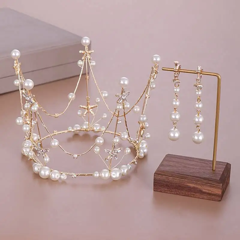 

Pearl Jewelry Set Hot-selling Pearl Crystal Whole Circle Big Crown + Earrings Princess Birthday Headdress Bride Marriage Jewelry