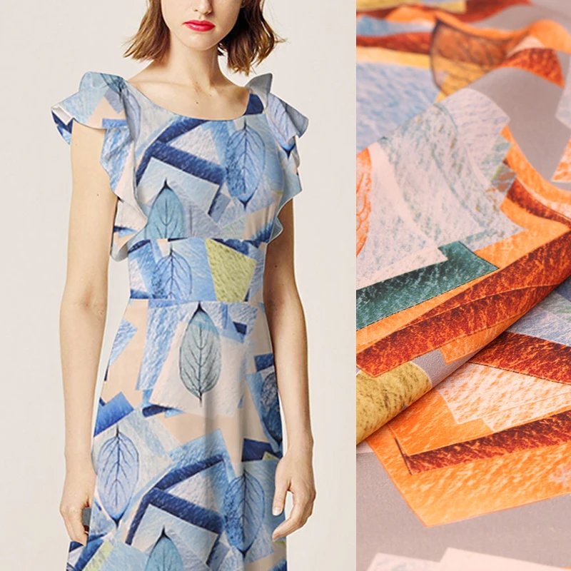 114CM Wide 16MM Leaves Print Thin Blue Orange Silk Crepe de Chine Fabric for Summer Dress Jacket Pants B204
114CM Wide 16MM Leaves Print Thin Blue Orange Silk Crepe de Chine Fabric for Summer Dress Jacket Pants B204