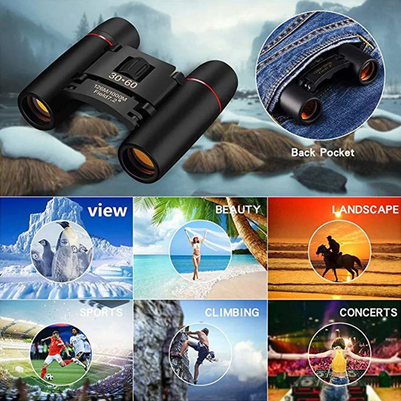 30x60 HD High Power Binoculars Mini Folding Zoom Telescope For Outdoor Bird Watching Hunting Sports Travelling Camping 800-1000m
30x60 HD High Power Binoculars Mini Folding Zoom Telescope For Outdoor Bird Watching Hunting Sports Travelling Camping 800-1000m