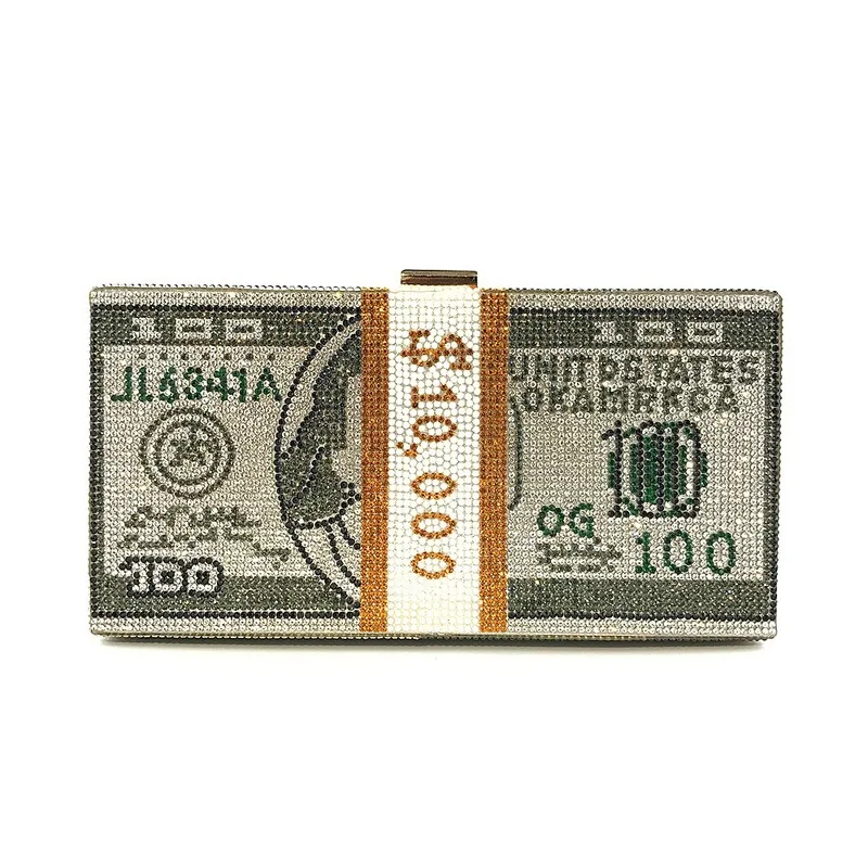 

FREE SHIPPING USA No Gift Box Women Evening Party Stack of Funny Money Purse Bag Crystal Cross Body Cash Dollar Bill Bag