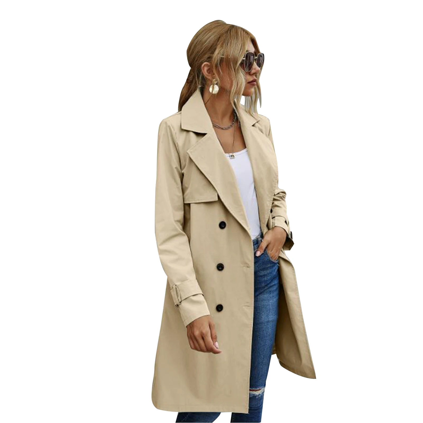 

Fashion Women Casual Solid Color Coat Adults Autumn Elagant Fashion Long Sleeve Lapel NeckDouble Breasted Belted Trench Coat