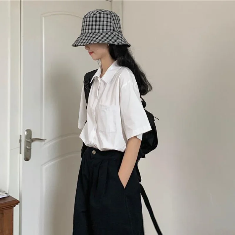 Women Shirts White Short Sleeve Shirt Womens Preppy Vintage Solid Turn-down Collar Single Breasted Tops Outwear Trendy Cool BF
Women Shirts White Short Sleeve Shirt Womens Preppy Vintage Solid Turn-down Collar Single Breasted Tops Outwear Trendy Cool BF