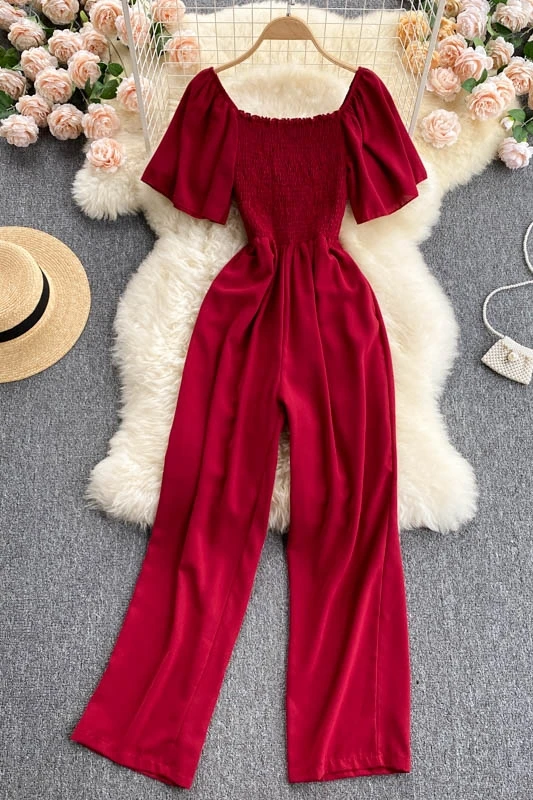 2021 new trendy temperament square neck elastic waist waist was thin and long wide leg pants jumpsuit female summer
2021 new trendy temperament square neck elastic waist waist was thin and long wide leg pants jumpsuit female summer