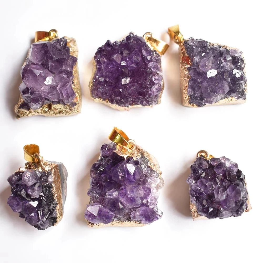 

Druzy Irregular Random Natural Amethysts Quartz Geode Cut Necklace Crystal Piont Stone Pendant Natural Drusy Stone Healing 6pcs