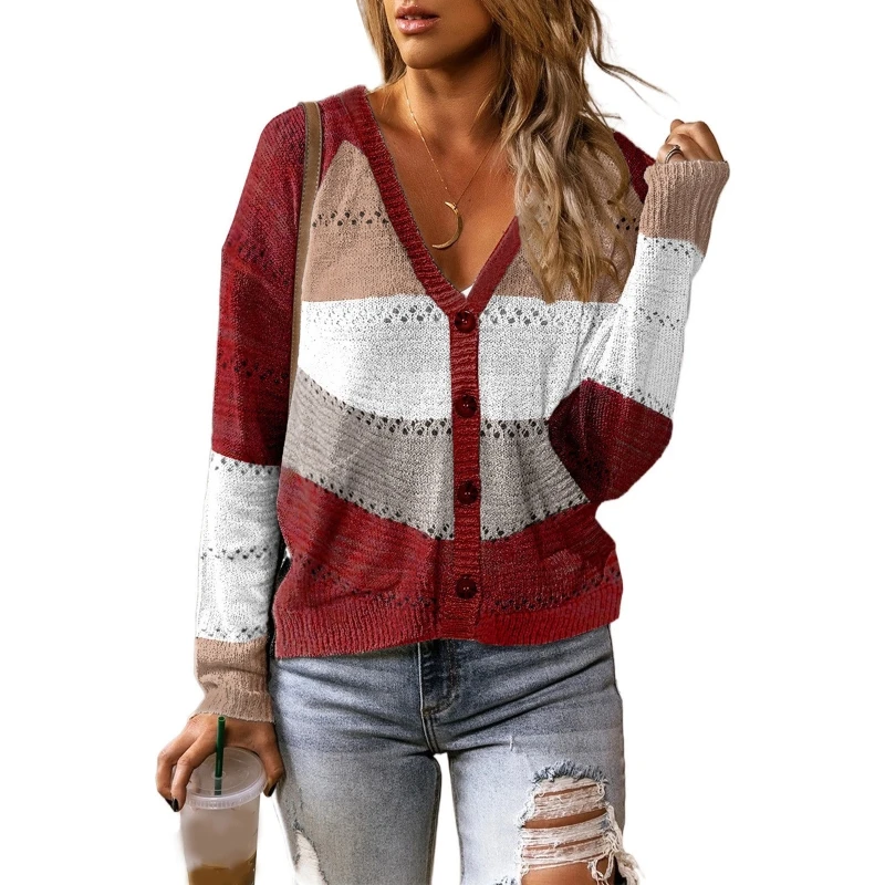Women Long Sleeve Sweater V-Neck Button Color Block Stripes Hollow Out Knit Tops M5TE
Women Long Sleeve Sweater V-Neck Button Color Block Stripes Hollow Out Knit Tops M5TE