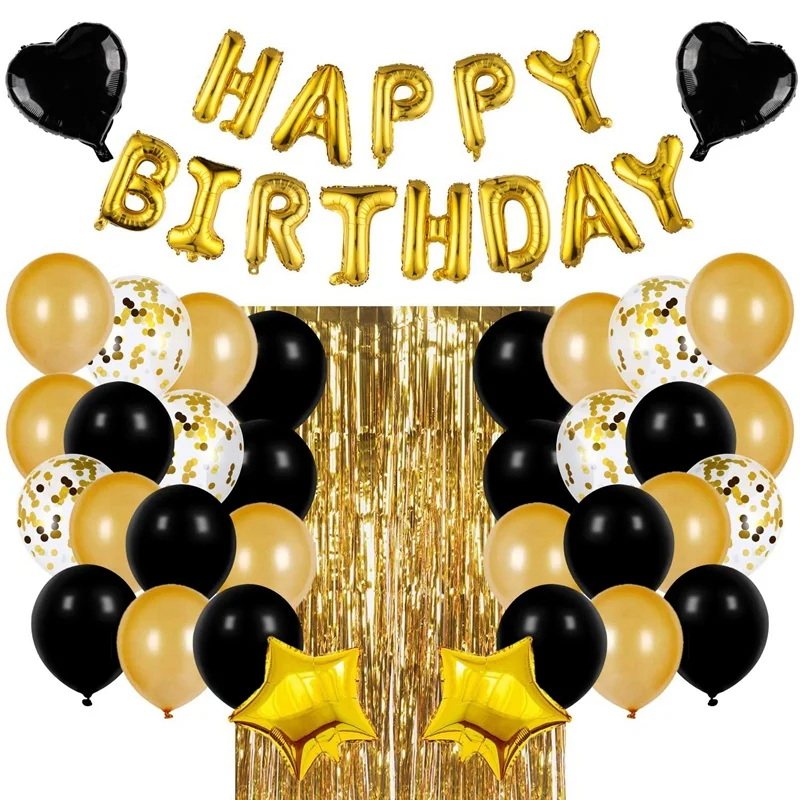 

Набор черно-золотых украшений для дня рождения с шарами на день рождения, баннер, шары с конфетти, занавеска с бахромой из фольги