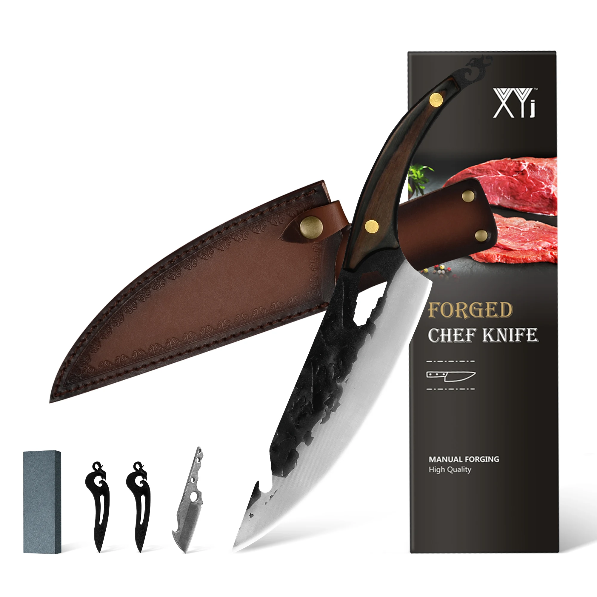 XYJ 8-дюймовый шеф-нож с кожаным футляром, мини-нож и точильный камень, открывалка для бутылок из нержавеющей стали
XYJ 8-дюймовый шеф-нож с кожаным футляром, мини-нож и точильный камень, открывалка для бутылок из нержавеющей стали