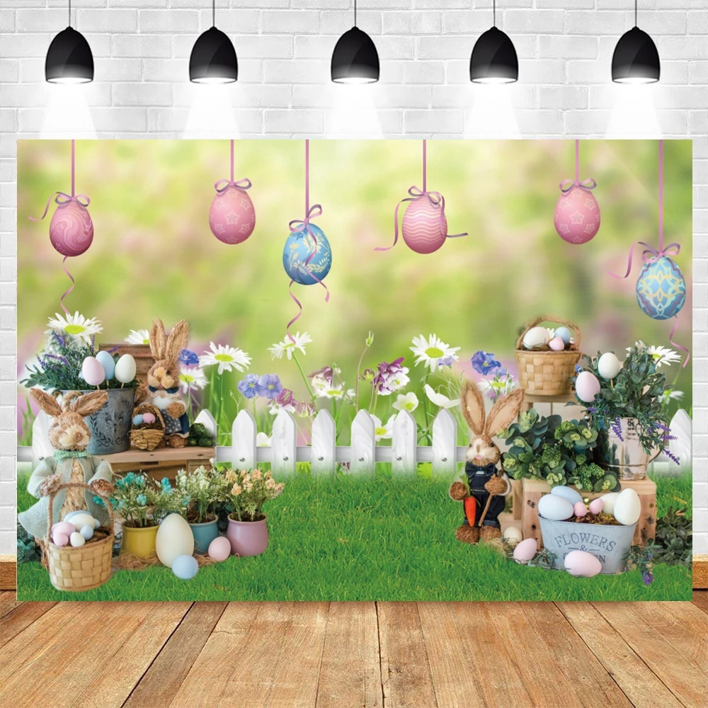 

Easter Backdrop Spring Garden Flower Fence Eggs Green Grass Photography Background Floral Bunny Kids Baby Portrait Photo Booth