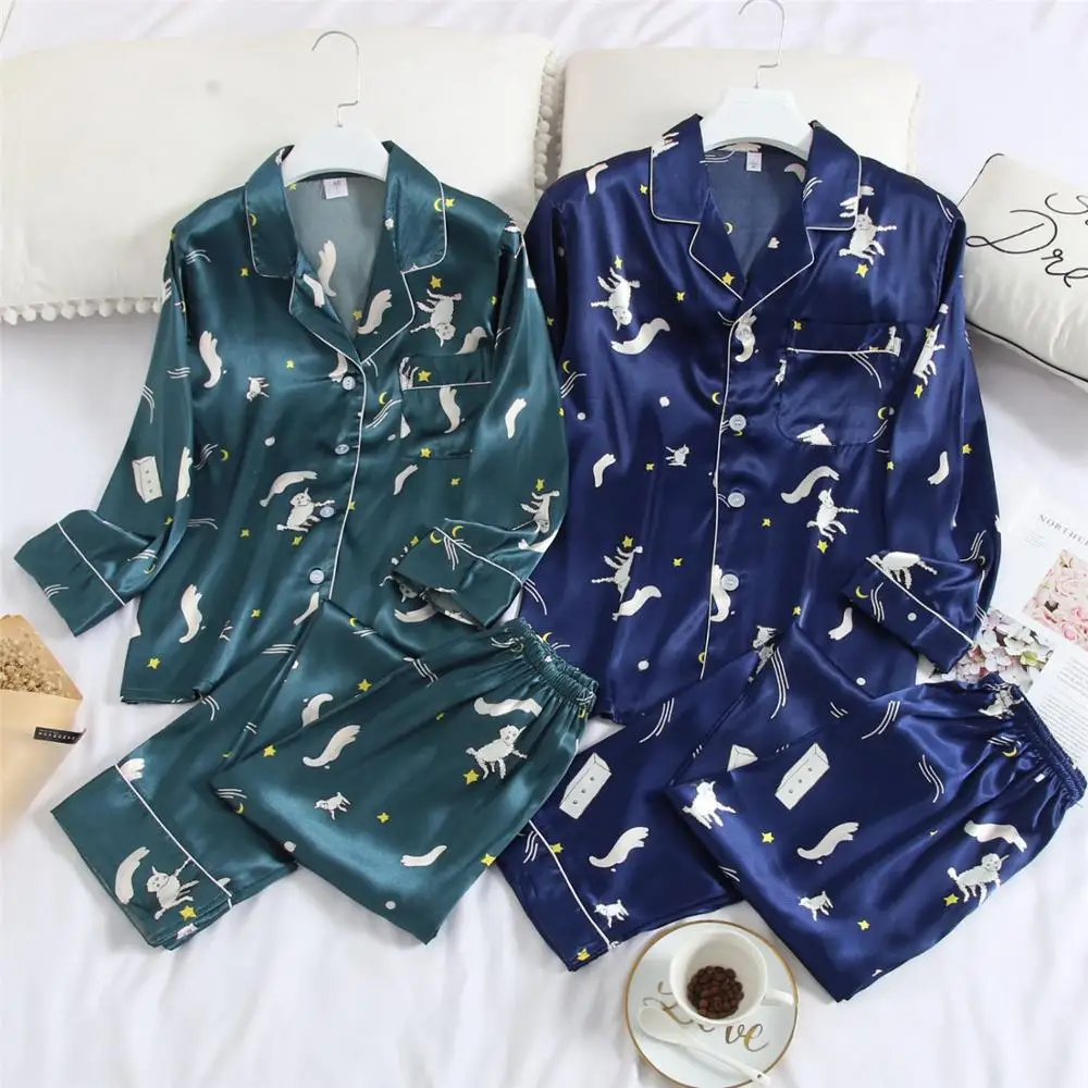 FZSLCYIYI Couple Spring Pajama Set Long Sleeve Plus Size 3XL Pajamas Sets Silk Satin Pijama Sleepwear Pyjamas Nightwear homewear | Мужская