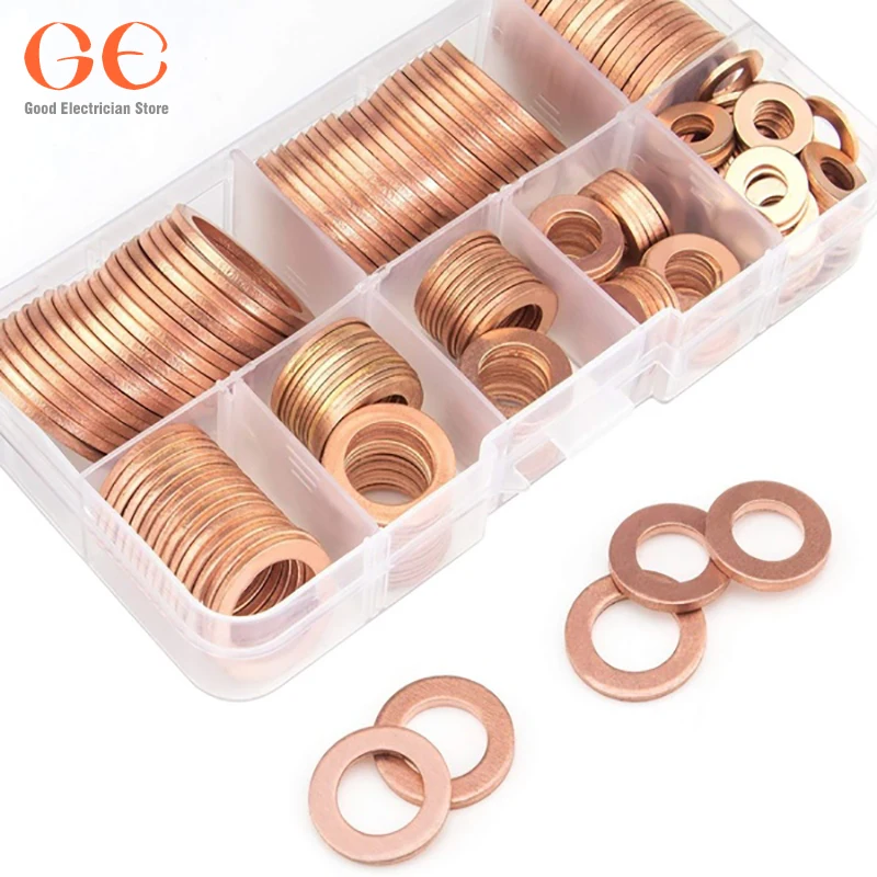 150/200/120PCS Copper Washer Gasket Set Flat Ring Seal Assortment Kit with Box 25 cm circle products screw ring fasteners
150/200/120PCS Copper Washer Gasket Set Flat Ring Seal Assortment Kit with Box 25 cm circle products screw ring fasteners