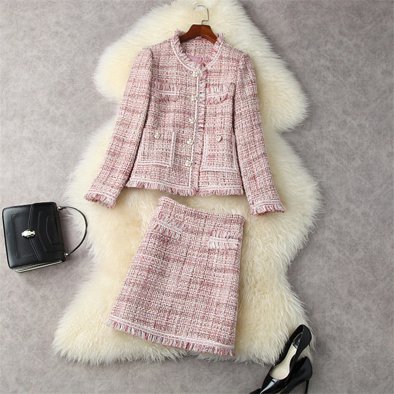 

Женский офисный костюм из 2 предметов, шерстяной жакет с бахромой и твидовая юбка, комплект из розового пальто и платья, зима 2021