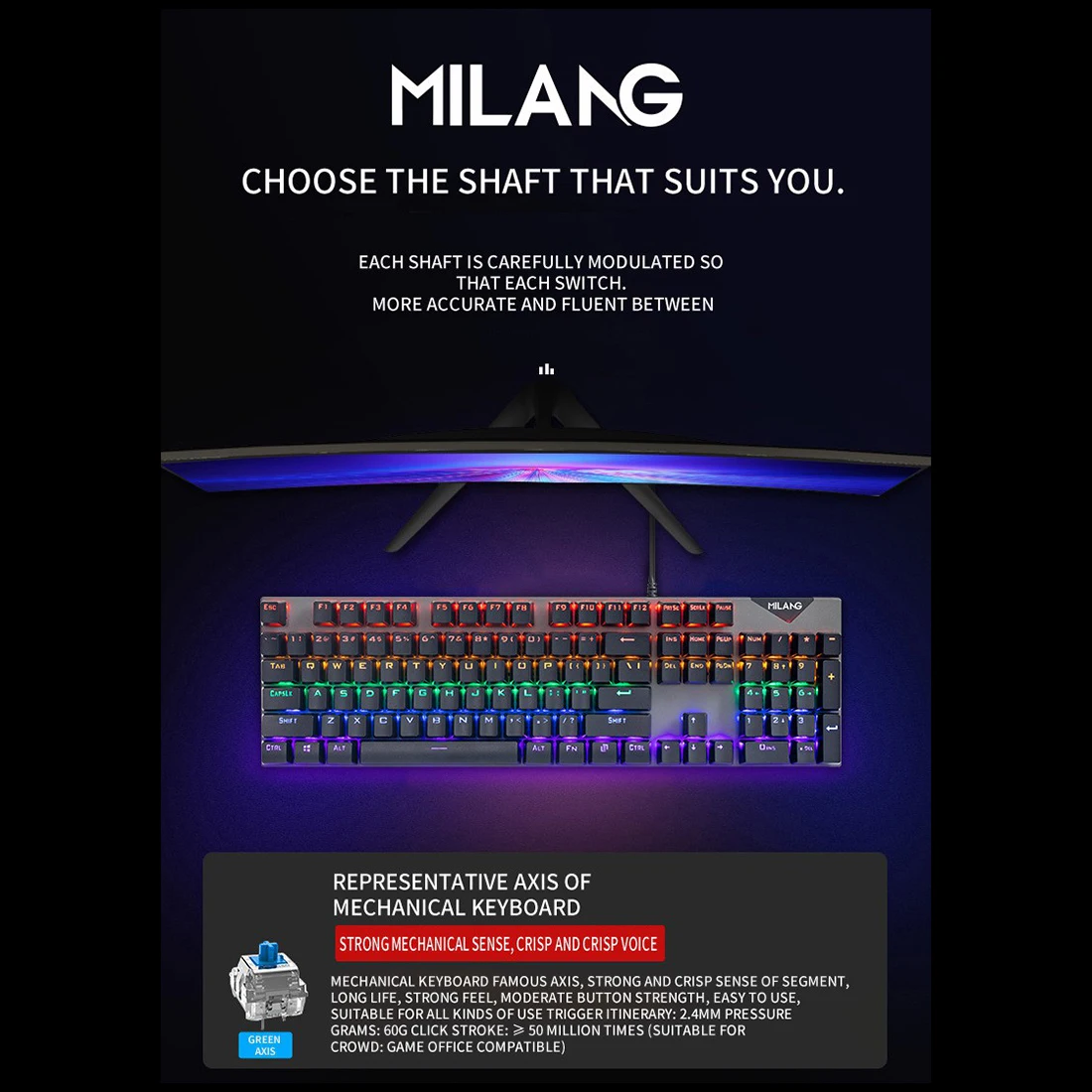 MiLang MK808 104 Keys Gaming Mechanical Keyboard Luminous E-sports Keyboard - Blue Switch
MiLang MK808 104 Keys Gaming Mechanical Keyboard Luminous E-sports Keyboard - Blue Switch