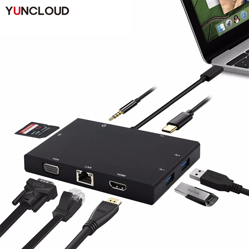 YUNCLOUD USB HUB RJ45 Type C to HDMI-Compatible VGA LAN RJ45 Card Reader Audio PD Charging Combo for Mac Huawei etc 
YUNCLOUD USB HUB RJ45 Type C to HDMI-Compatible VGA LAN RJ45 Card Reader Audio PD Charging Combo for Mac Huawei etc