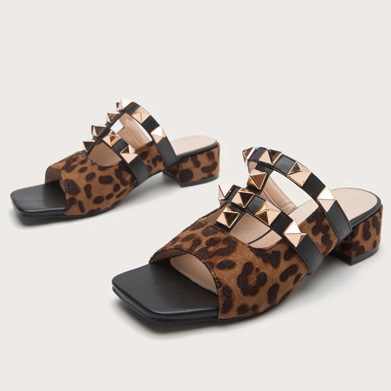 Women Rivets Slippers Summer Slides Open Toe Shoes high heels Glitter Plus Size 35-41 Leopard Outdoor Footwear Promotion vc3327 |