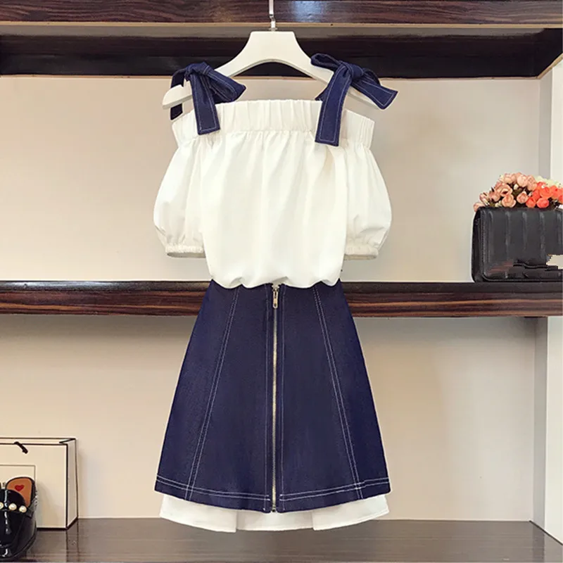 Preppy Style Suit Sweet Puff sleeve Bow Tie Off Shoulder Cotton Long Tshirt Dress + Zipper A-line Denim Skirt 2 Pieces Set Women
Preppy Style Suit Sweet Puff sleeve Bow Tie Off Shoulder Cotton Long Tshirt Dress + Zipper A-line Denim Skirt 2 Pieces Set Women