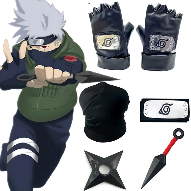 

5pcs/SET Naruto Kakashi Anime Cosplay Accessories Gloves Kunai Headband Mask Ninja Uchiha Mittens Action Figure Stuff Kids Toy