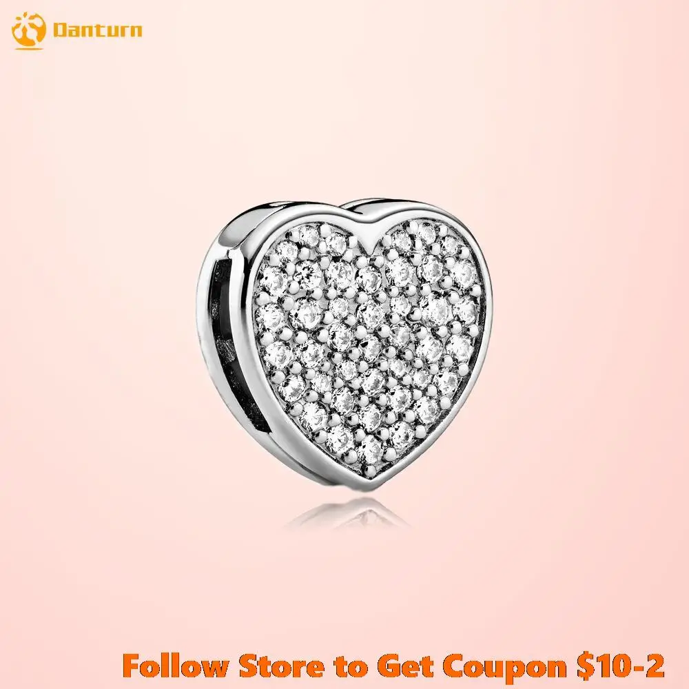 

2020 Valentine's Day 100% S925 Sterling Silver Beads Pave Heart Clip Charm fit Original Pandora Bracelets DIY Jewelry for Women