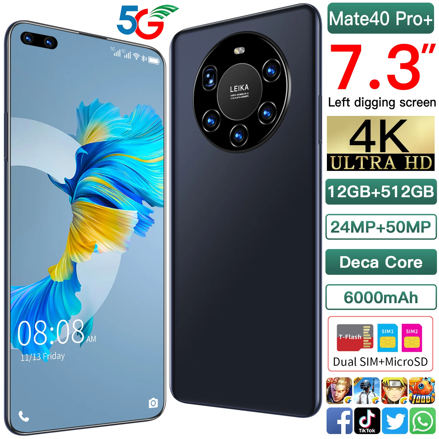 Factory Sale Huawe Mate40 Pro 12GB 512GB 7.3Inch Cellphone 6000mAh Fingerprint Unlock Smartphone 24MP 50MP Snapdragon 888
Factory Sale Huawe Mate40 Pro 12GB 512GB 7.3Inch Cellphone 6000mAh Fingerprint Unlock Smartphone 24MP 50MP Snapdragon 888